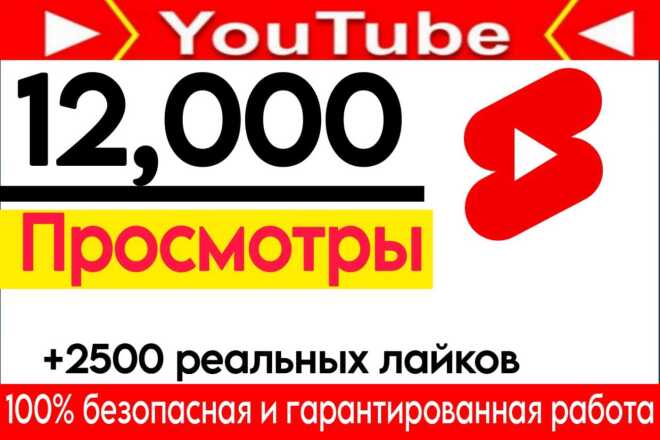 12 000 просмотров на YouTube или Shorts от реальных людей+2500 лайков