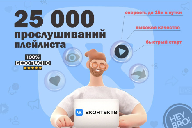 25 000 прослушиваний ВКонтакте на плейлисты. Надёжно и качественно
