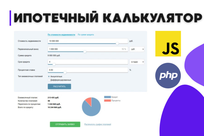 Ипотечный калькулятор с диаграммой, таблицей платежей, формой заявки