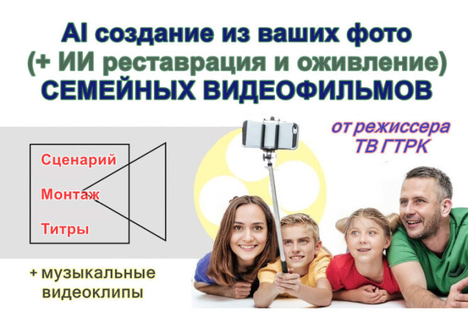 Семейный видеофильм, клип с ИИ оживлением ваших фото: сценарий+монтаж
